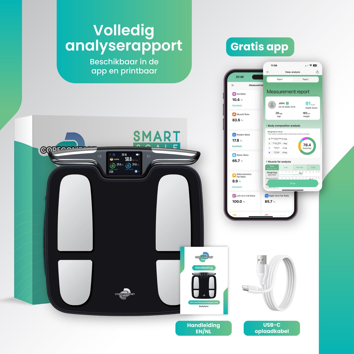 CoreComfort® BodySync Slimme Weegschaal met App – WiFi & Bluetooth – Lichaamsanalyse, Vetpercentage & Spiermassa en meer